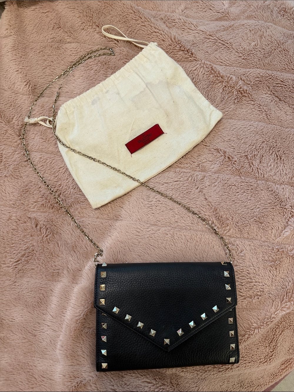 Valentino Black Leather Rockstud Envelope Crossbody with Gold Chain